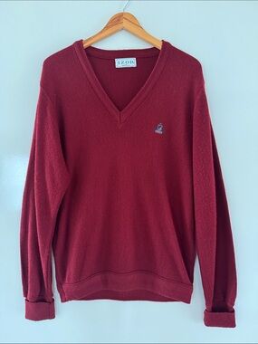 Vintage Izod Lacoste V‑Neck Sweater Red Acrylic Men’s Medium Made In USA 90s